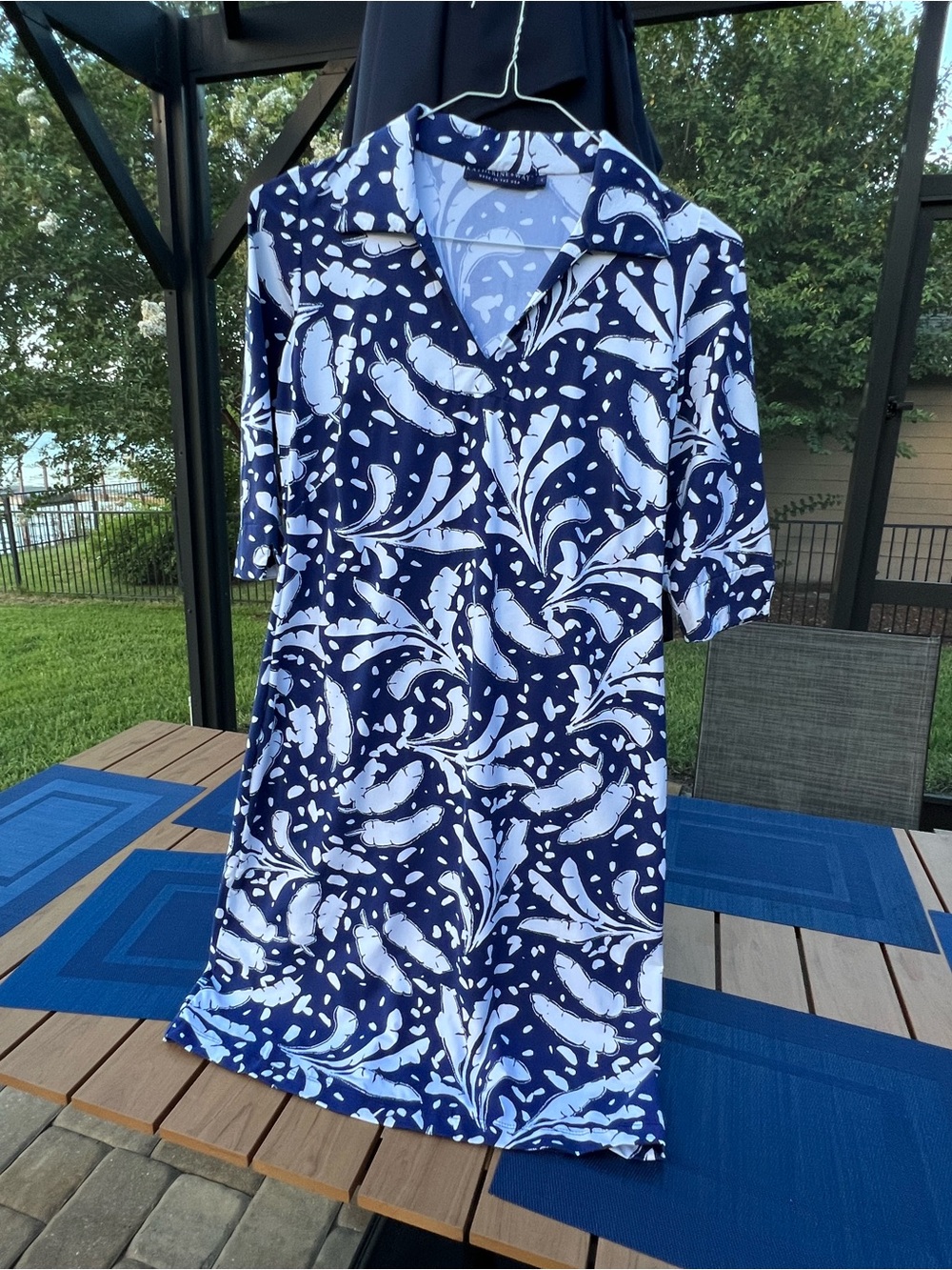 Katherine Way Navy White Leaf Print Shift Dress Small Made in USA Resort Golf